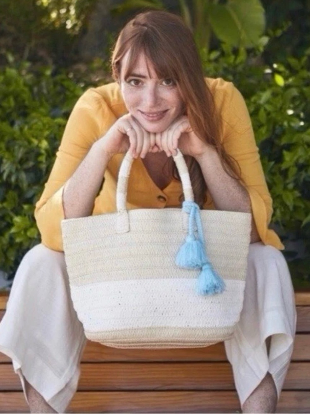 ALTRU Woven Straw Tote Bag Natural White Blue Tassel Beach Summer